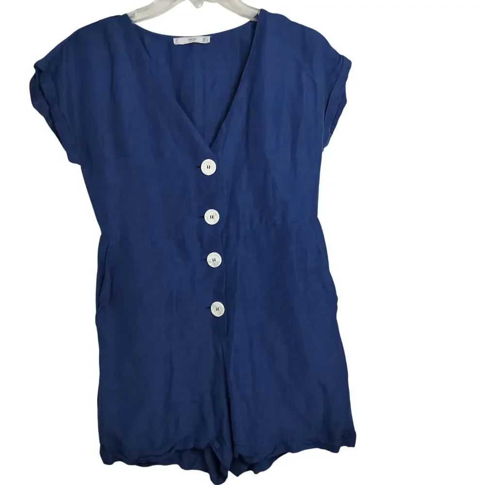 5049) Mango Blue Linen Blend V Neck Button Up Summer Beach Romper Small
